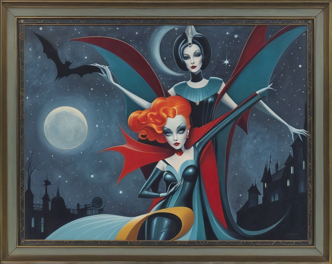 Figures in Gothic Nighttime Setting with Castle Silhouette
