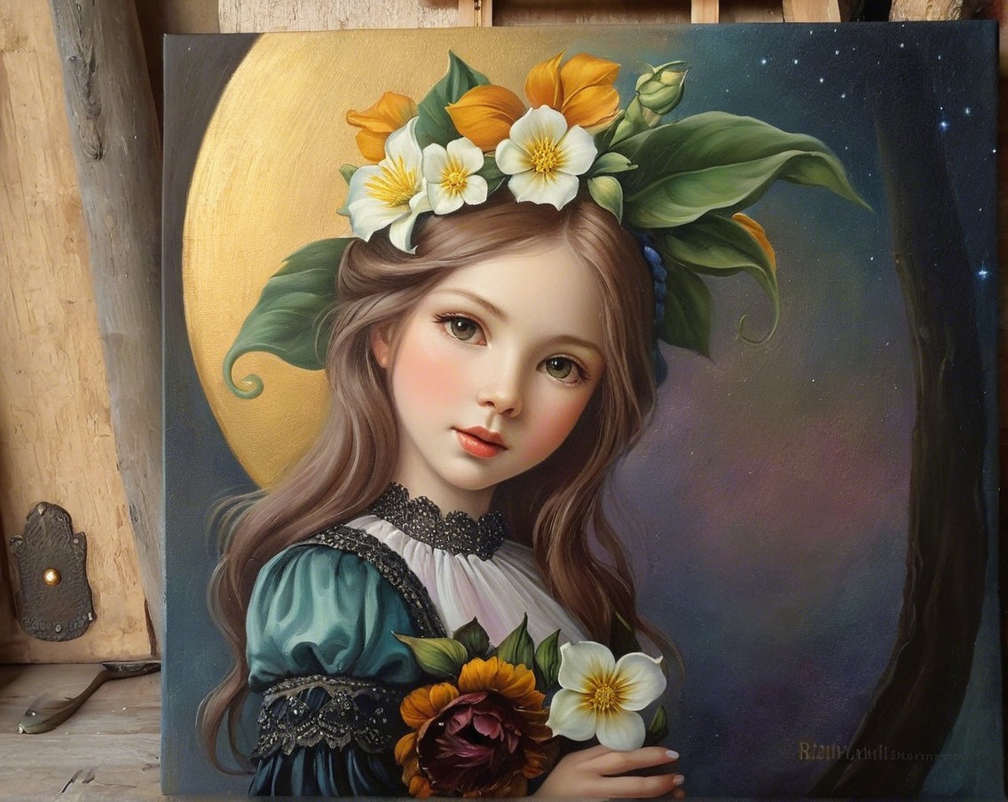 Portrait of a young girl with a floral crown and moon