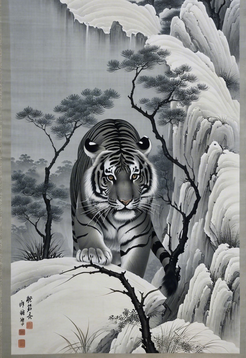 Majestic tiger on rocky ledge in misty mountains