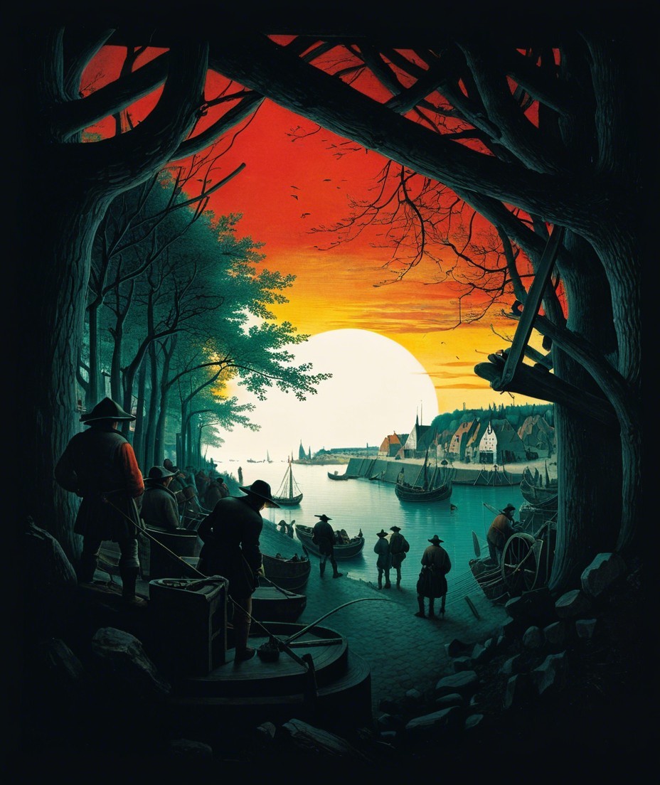 Twilight Gathering by a Riverbank with Sunset Glow