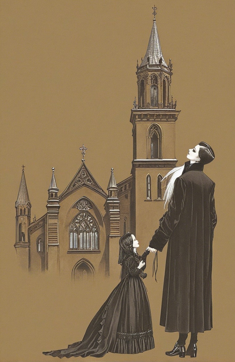 Somber scene of a figure and girl before a church