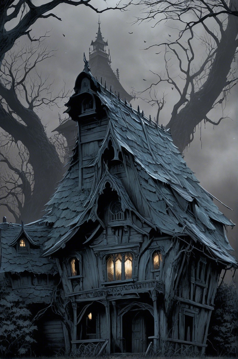 Twisted House in Foggy, Eerie Landscape with Glow