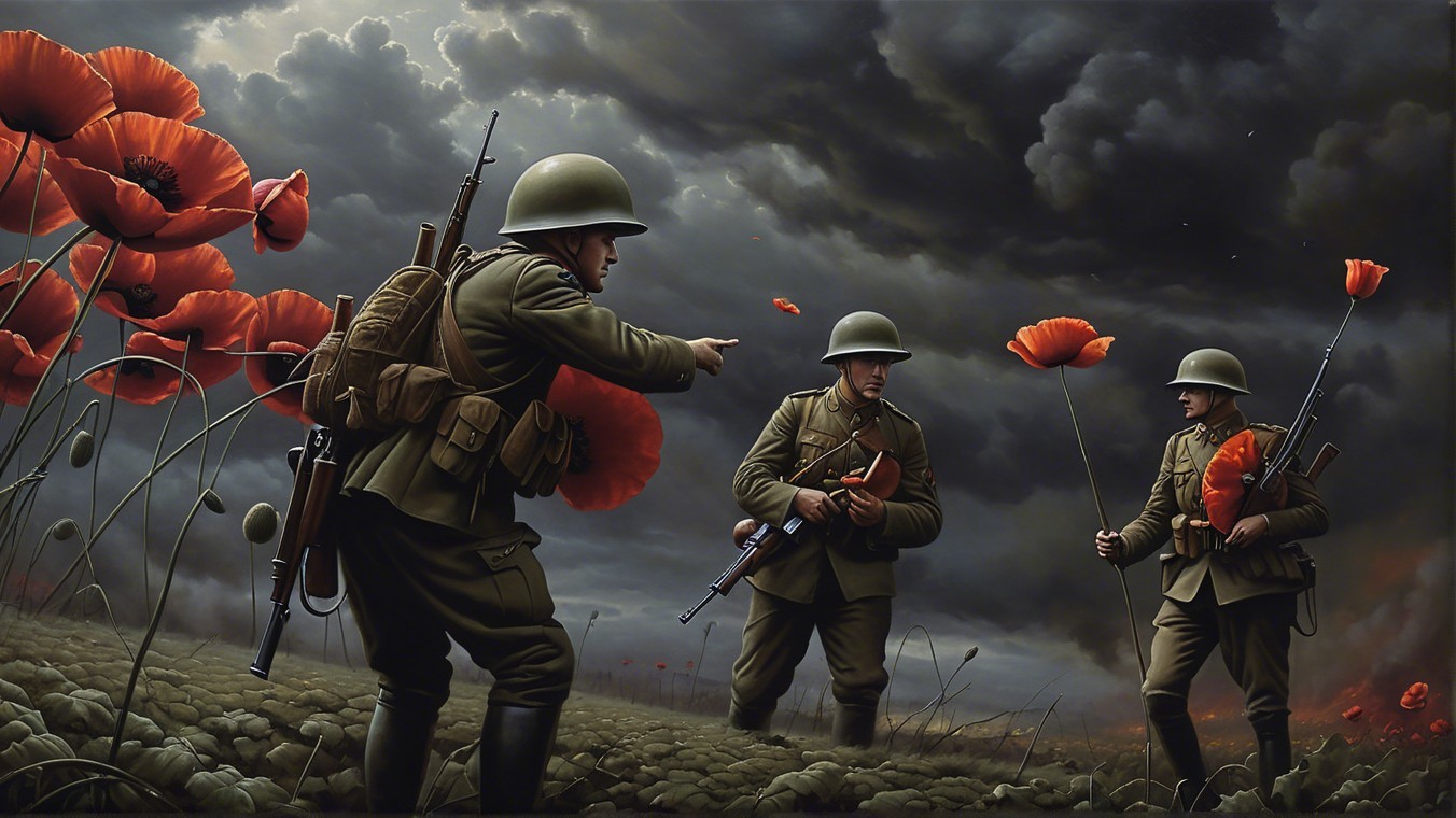 Soldiers in Poppy Field Under Stormy Sky