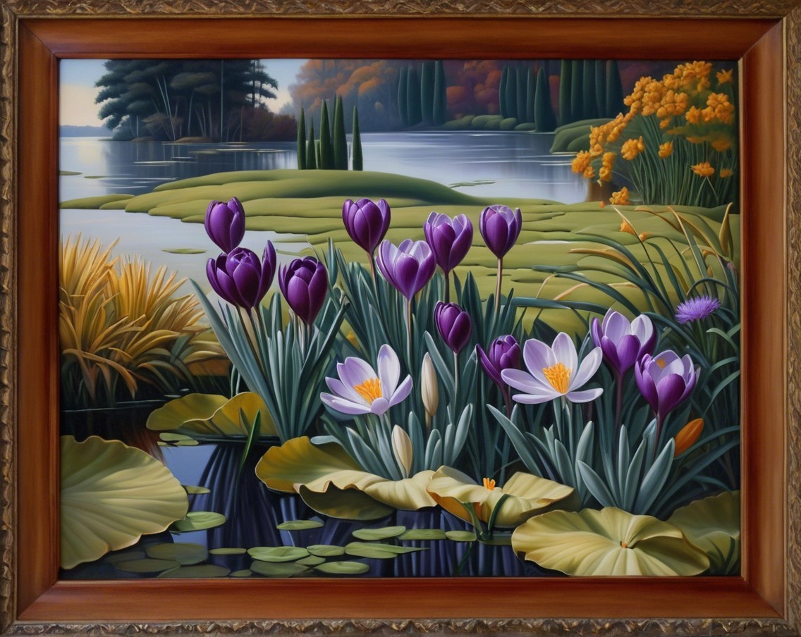 Serene Landscape with Flowers and Calm Water Reflection