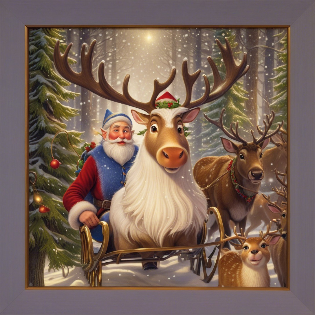 Santa Claus in a blue and red suit in a golden sleigh