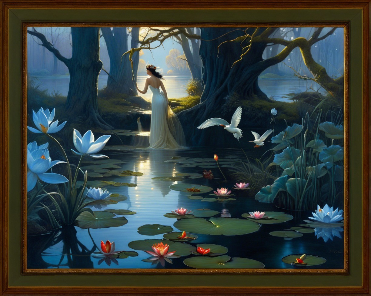 Moonlit Oasis with Fair Maiden and Waterfall Scene