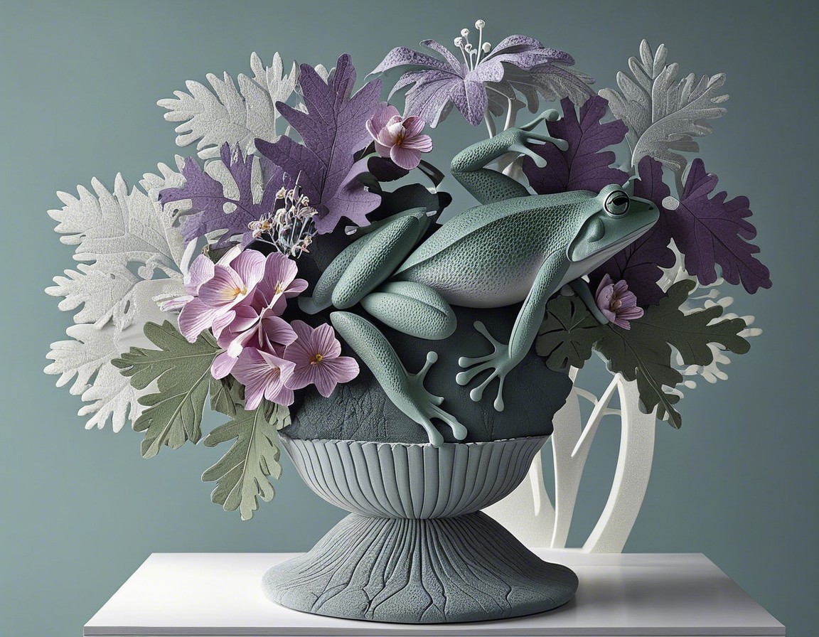 Green Frog Surrounded by Colorful Flowers in a Vase