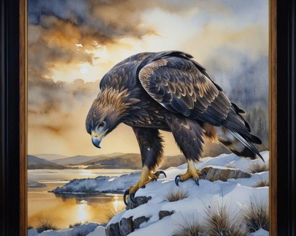 Watercolor Painting of Golden Eagle on Snowy Perch