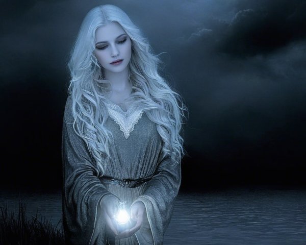 Mysterious Figure by Water Under Full Moonlight