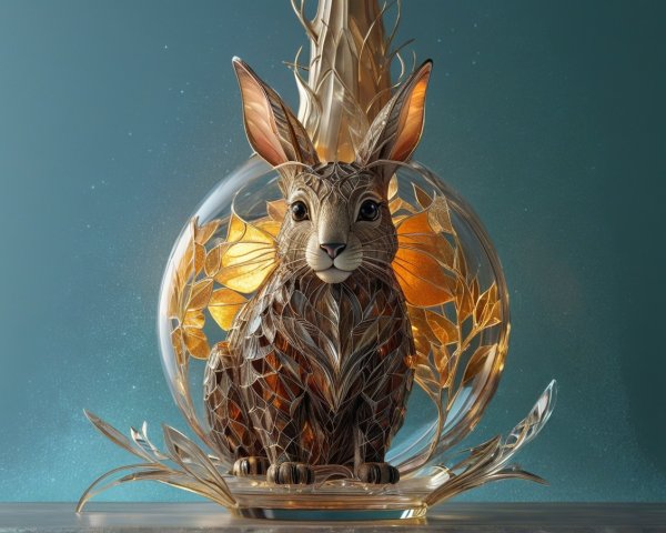 Elegant Rabbit Sculpture Under Glass Dome with Floral Design