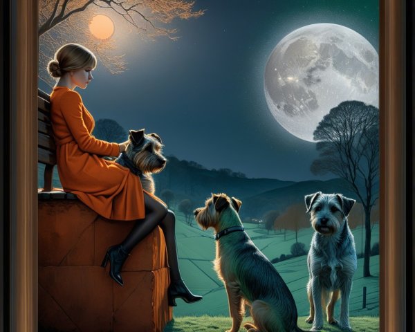Painting of a Woman in Orange Dress with Dogs at Night