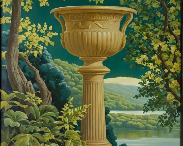 Golden Urn on Fluted Pedestal in Natural Landscape