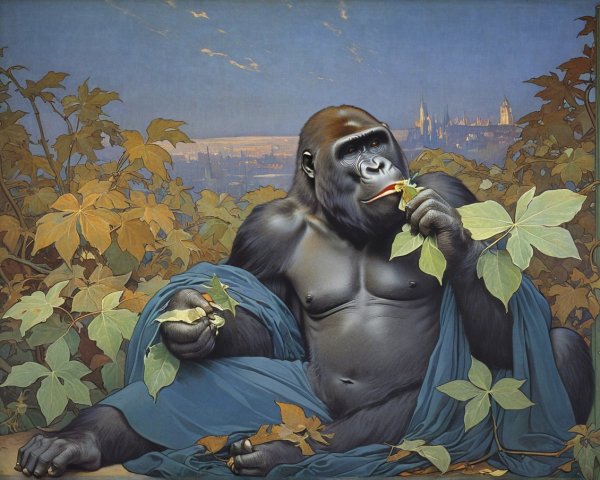 Gorilla Surrounded by Vines with City Skyline Background