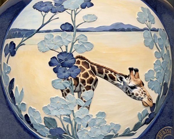 Ceramic Giraffe Surrounded by Blue Flowers