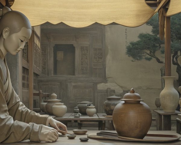 Lifelike Figure of Woman Pottery in Rustic Workshop