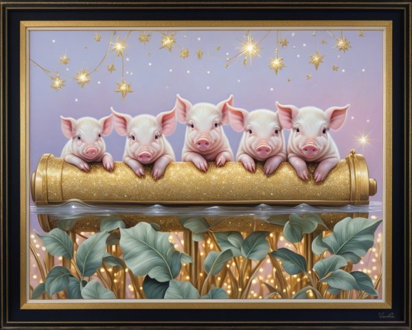 Playful Piglets on a Golden Log Under Starry Sky