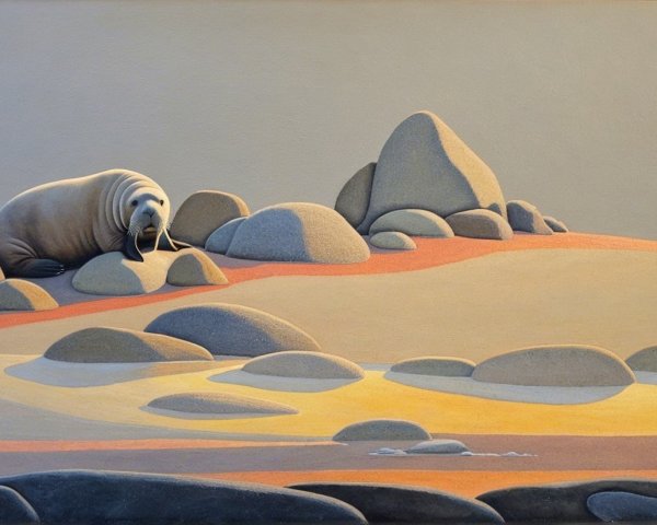 Serene Landscape with Stylized Walrus on Boulders