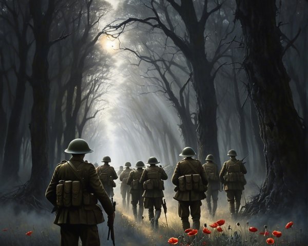 Soldiers Marching Through a Misty Forest Path