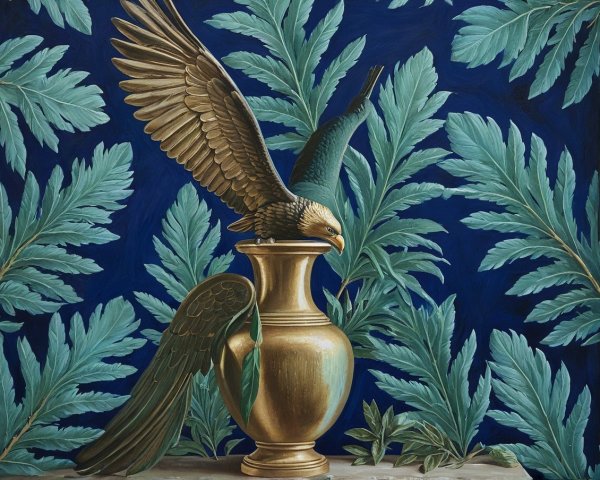 Majestic Eagle on Golden Vase with Green Leaves