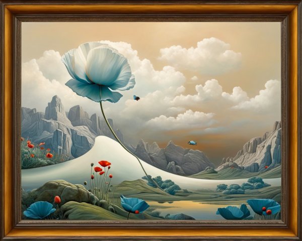 Surreal Landscape with Giant Blue Flower and Butterflies