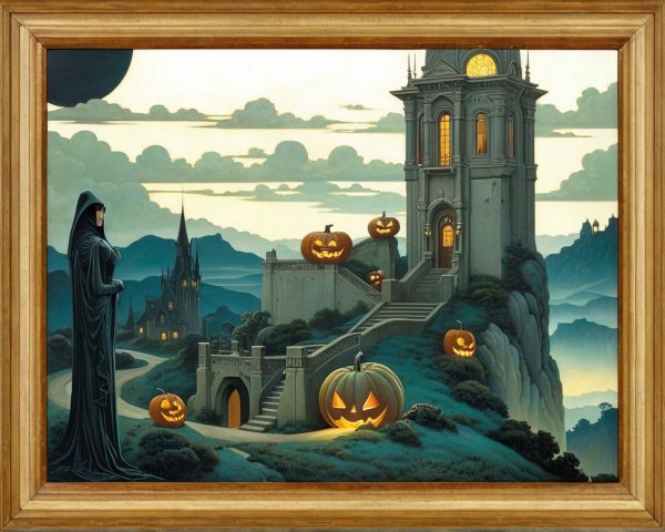 Whimsical Spooky Landscape with Tower and Cloaked Figure
