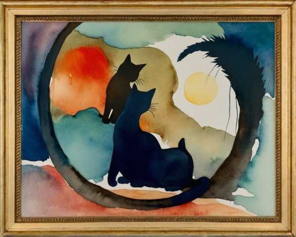 Whimsical Watercolor of Black Cats Against Vibrant Colors