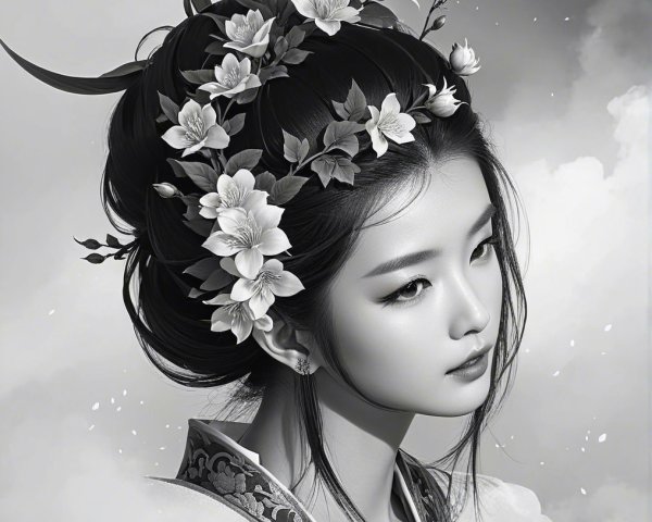 Monochrome Portrait of a Woman with Floral Hairpieces