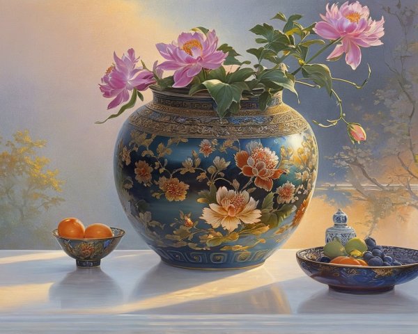 Ornate blue vase with pink lotus flowers and fruit bowls