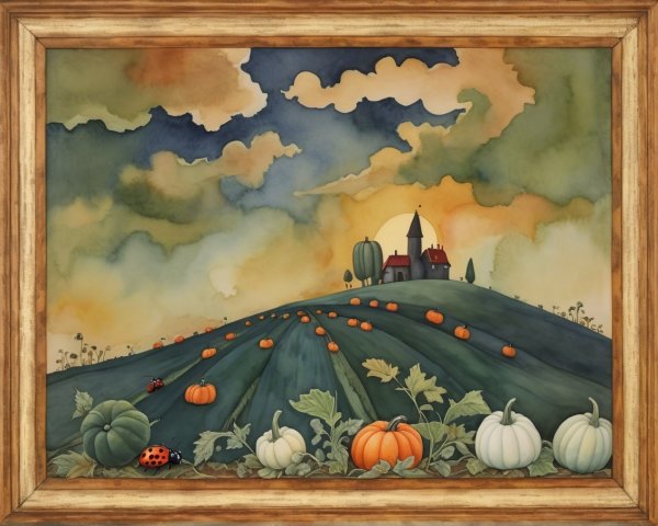 Autumn Landscape with Pumpkins and Quaint Farmhouse