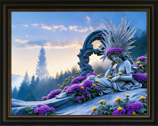 Statue of a woman in a flower-filled misty landscape