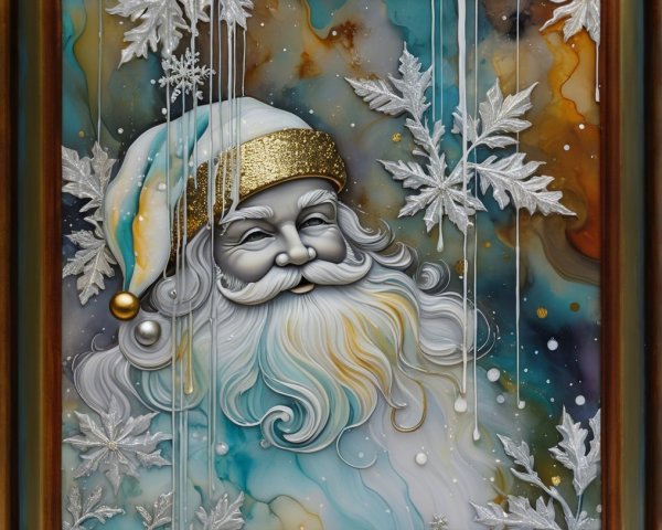 Cheerful Santa Claus with Golden Cap and Watercolor Background