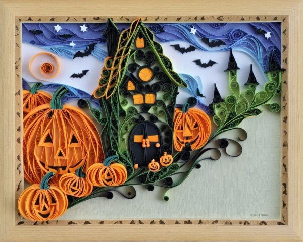 Vibrant Quilled Artwork of a Haunted House Scene