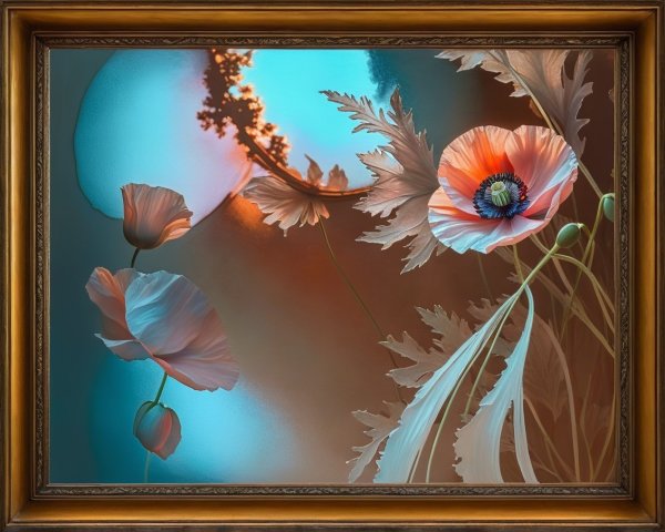 Elegant Poppy Flowers with Abstract Teal and Orange Background