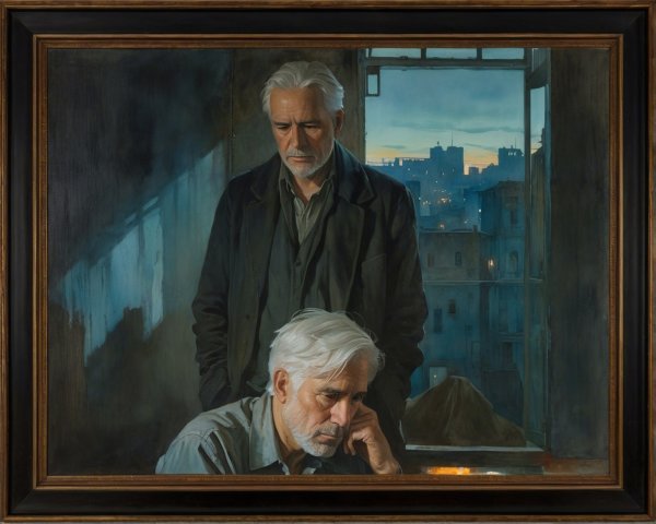 Oil Painting of Two Gray-Haired Men in Thoughtful Poses
