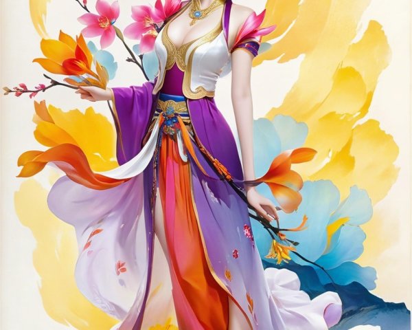 Colorful Gown and Decorative Umbrella in Pastel Setting