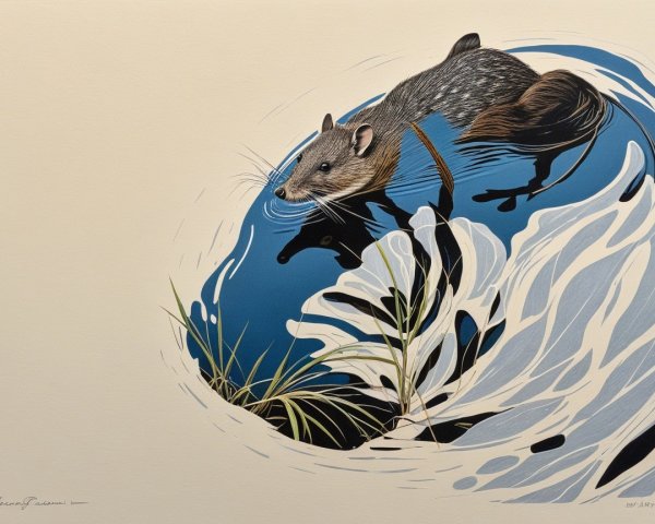 Illustration of a water rat swimming in blue waves