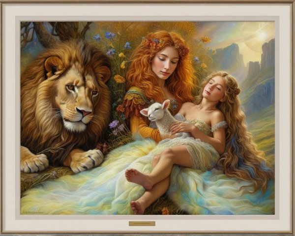 Serene Artwork of Lion, Women, and Young Girl with Lamb
