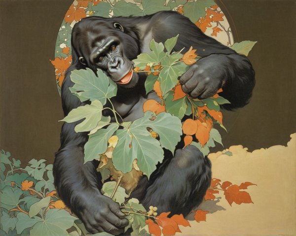 Stylized Gorilla Surrounded by Colorful Leaves