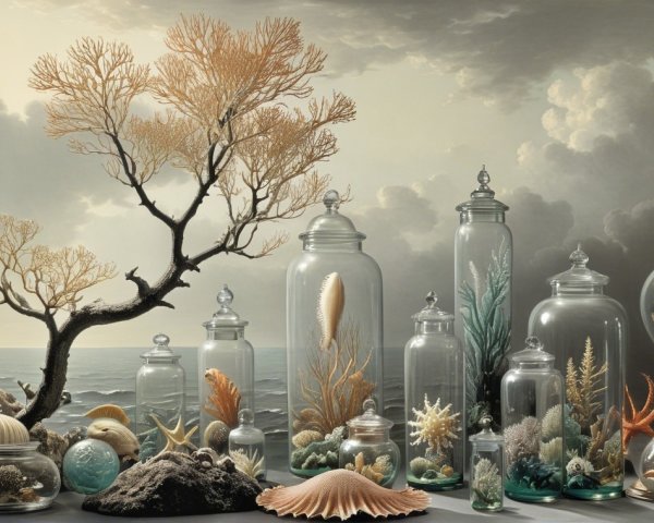 Still Life with Glass Jars and Marine Life Elements