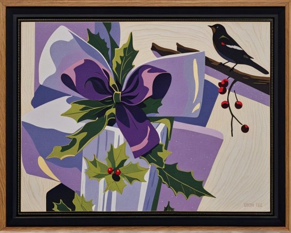 Purple Bow Gift with Holly and Bird in Festive Scene