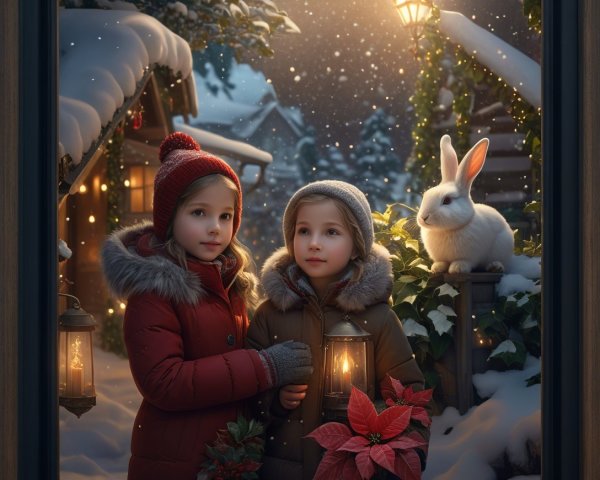 Children in Winter Jackets with Lantern in Snowy Village