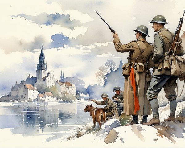 Soldiers in Period Uniforms by a River Landscape