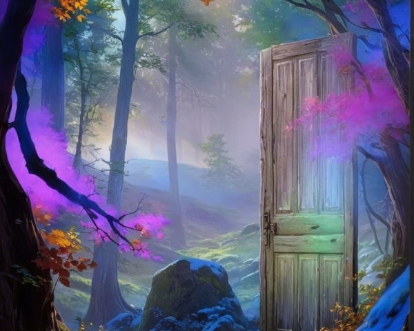 Mystical Forest with Ajar Wooden Door and Lantern