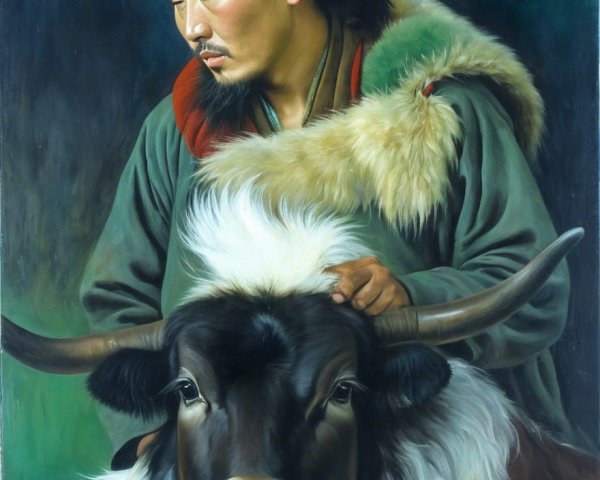 Contemplative Man in Traditional Attire with Yak