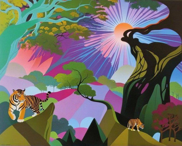 Vibrant Abstract Landscape with Tigers and Sunburst