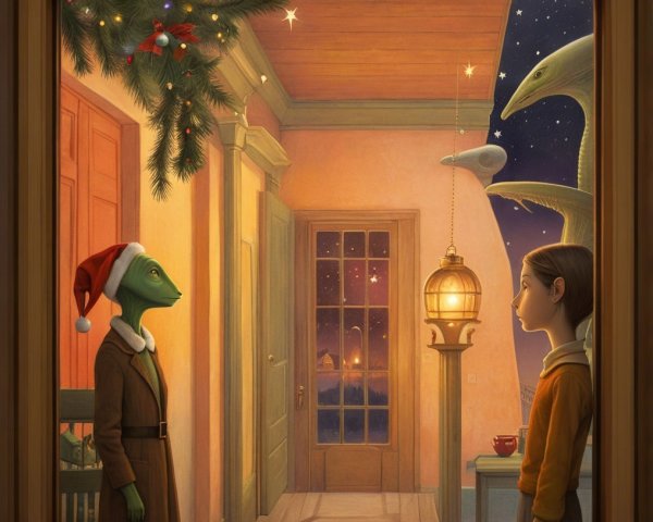 Surreal Painting of Alien and Girl in Decorated Room