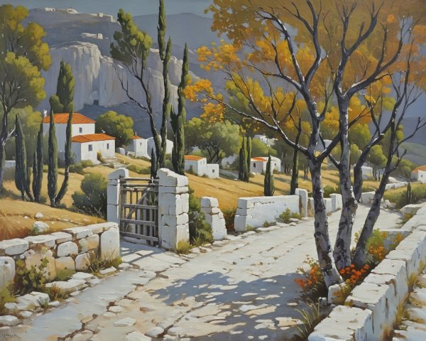 Serene Landscape with Winding Path and White-Washed Houses