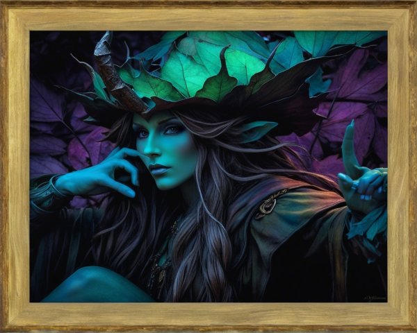 Mystical Figure with Turquoise Skin and Leaf Adornments