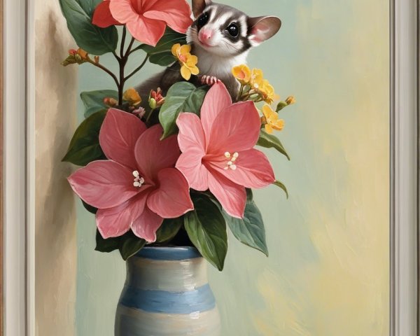 Painting of a Sugar Glider Among Pink Flowers