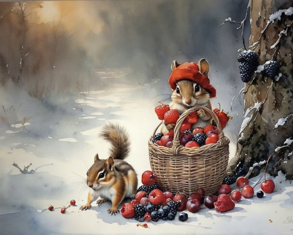Chipmunks in Snowy Forest with Berries and Basket